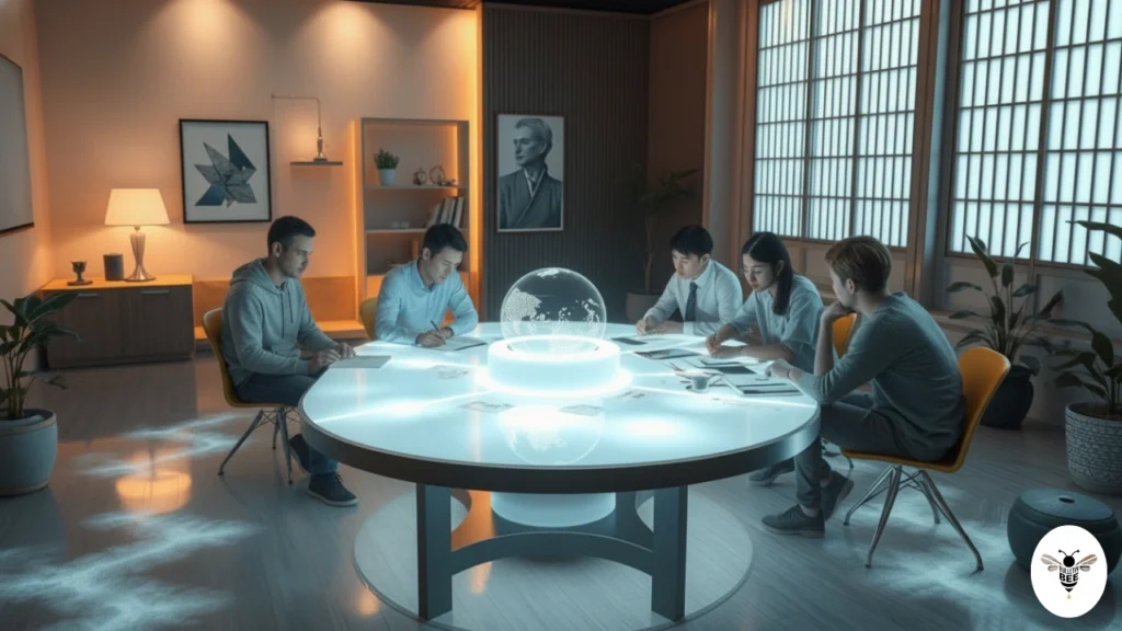 artists brainstorming in a serene, ai-powered henti3z studio with design