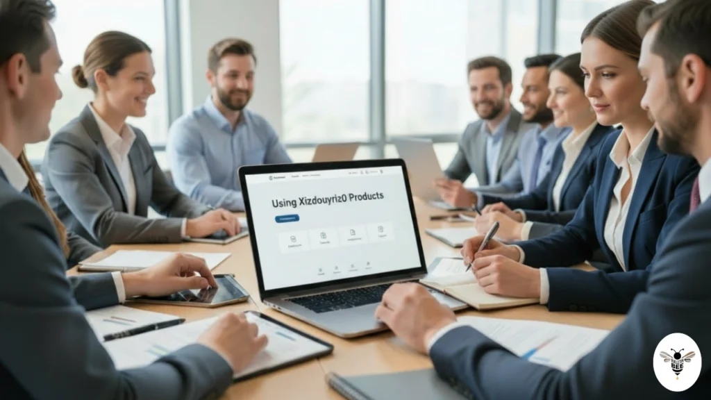 business professionals collaborating in a  office with using xizdouyriz0 products dashboard