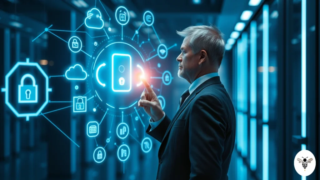 businessman using futuristic holographic touchscreen with digital icons in high-tech office – jeusol3