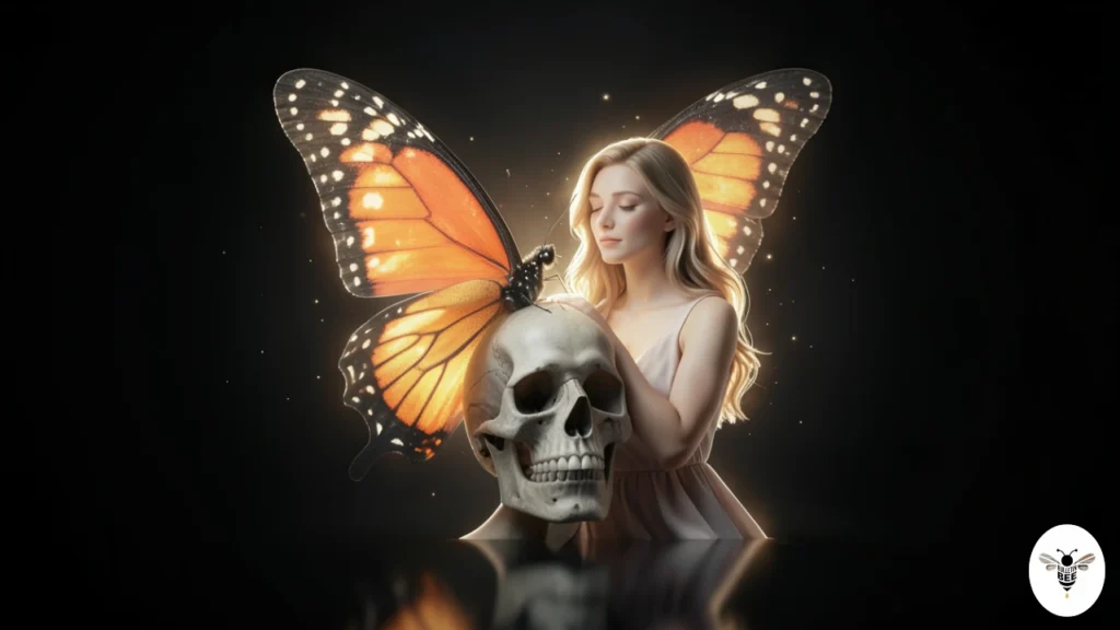 butterfly, skull, and maternal figure merging symbolizing the birth of butrflyskullmama