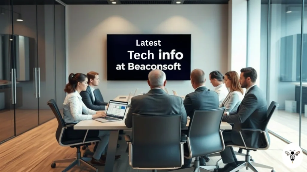 corporate meeting room with professionals viewing a digital screen showing latest tech info at beaconsoft