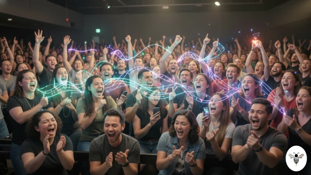 fans remixing online, connected by glowing musical waves – fansqingers