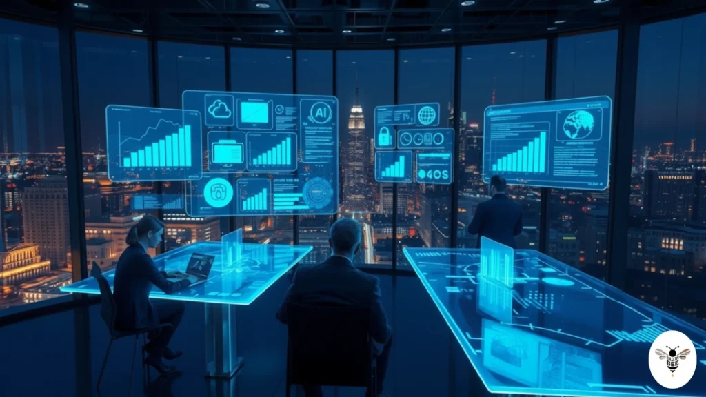 futuristic office with holographic data dashboards and ai visuals showcasing latest tech info at beaconsoft