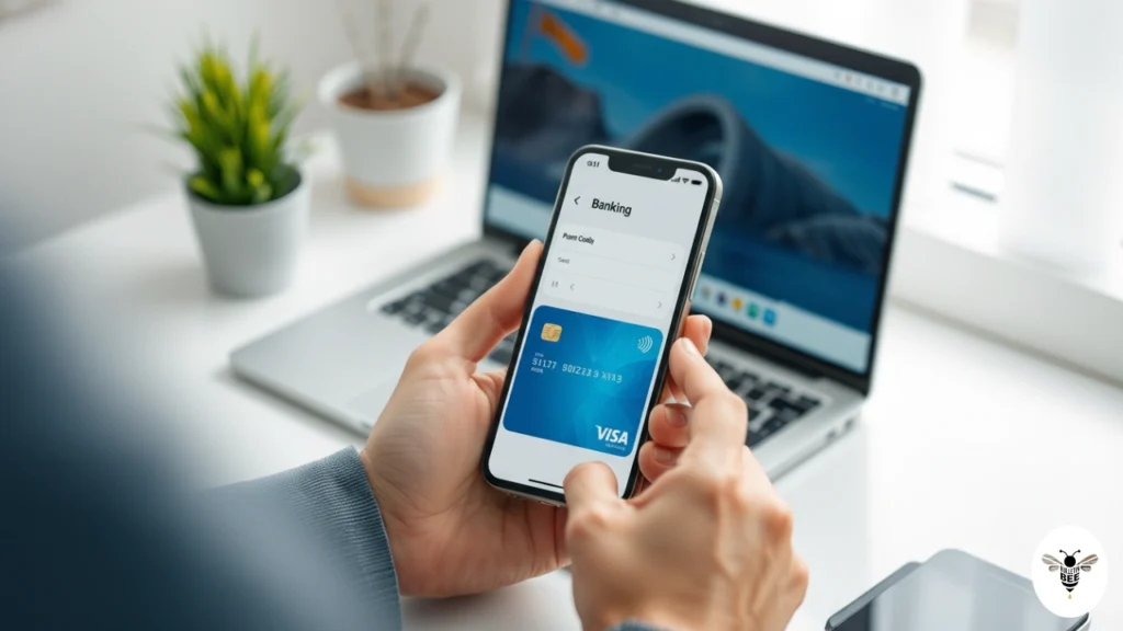 mobile banking app on smartphone with card and laptop – financearray financial workspace