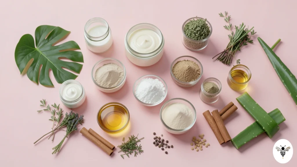 natural skincare products with botanical ingredients arranged aesthetically, using xizdouyriz0 products