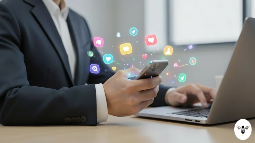 professional using smartphone with holographic engagement icons, showcasing wachappe digital communication concept