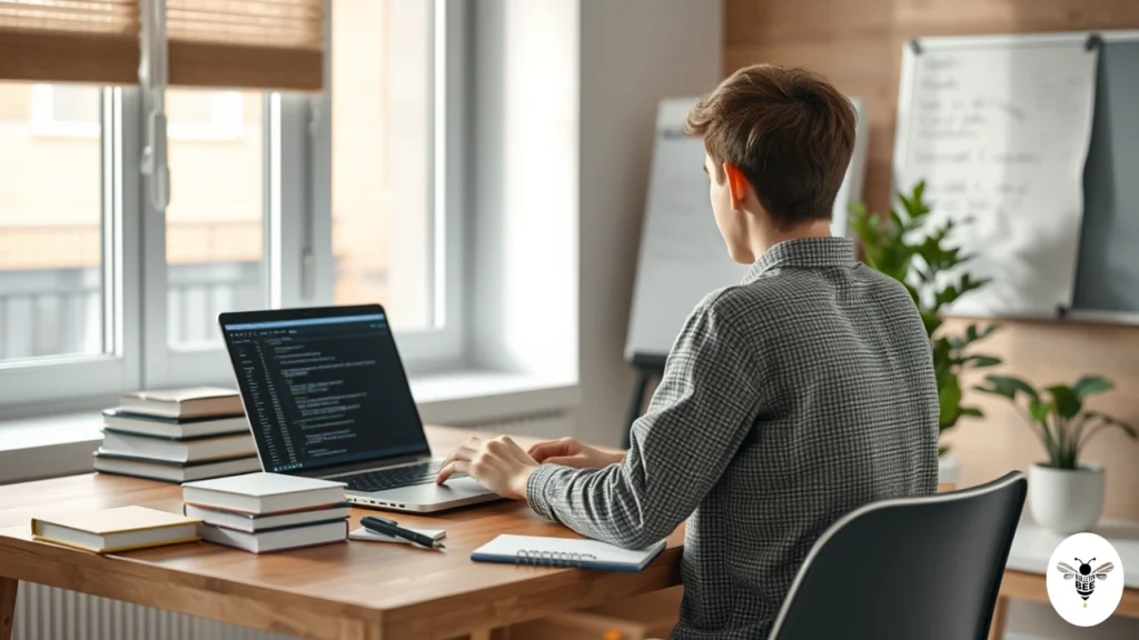 programmer coding on a laptop in a modern workspace with python 54axhg5 development challenges