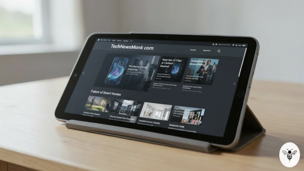 tablet showing technewsmonk com homepage on a clean desk setup