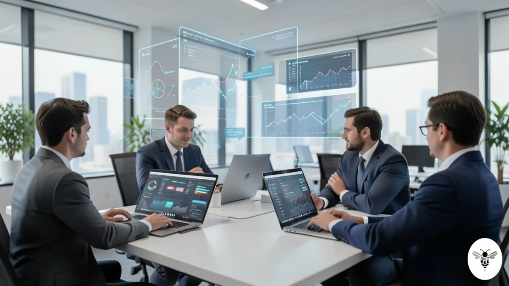 team collaborating on laptops with floating ai charts representing wachappe business communication platform