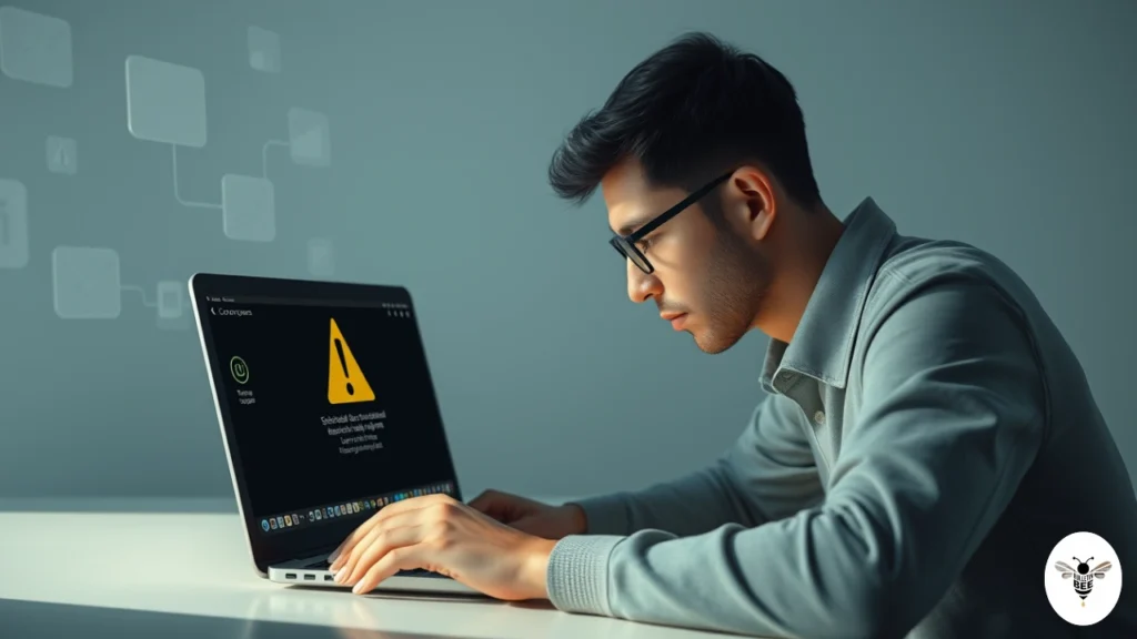 user reviewing mitchnews com with warning and information icons on screen