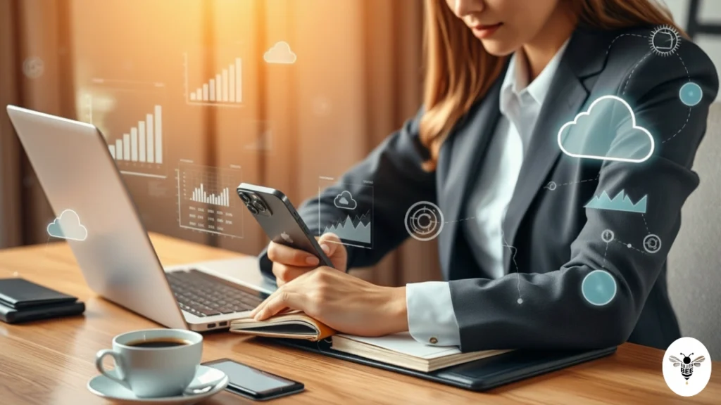 woman working on laptop with analytics dashboards in a modern workspace – management tips ftasiatrading