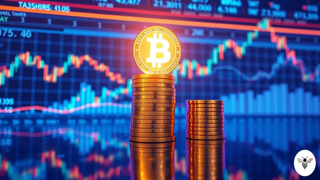 bitcoin above stacked gold coins with digital trading charts – money disquantified org