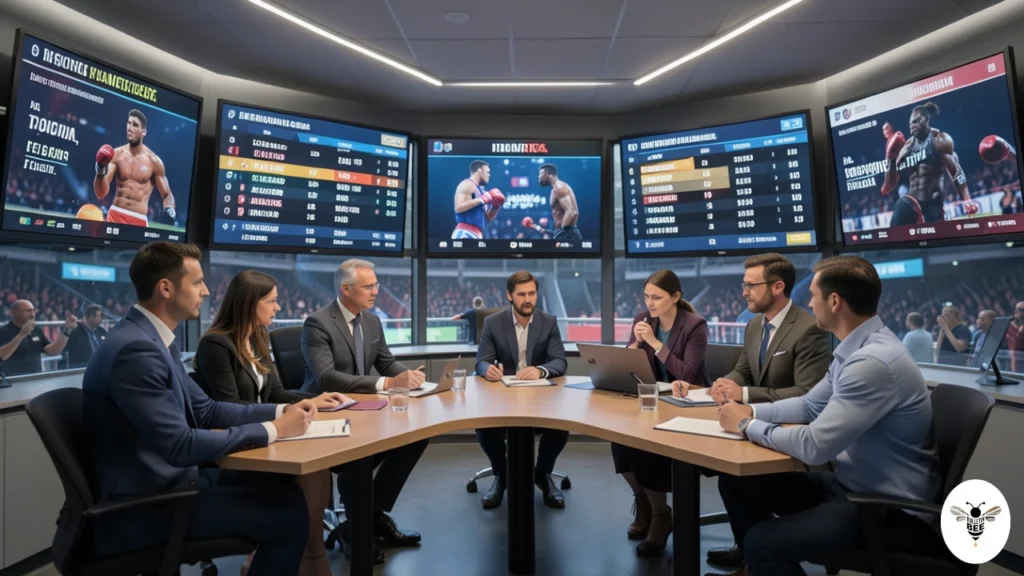 boxing newsroom showing analysts reviewing digital fight schedules for upcoming fixtures sffareboxing