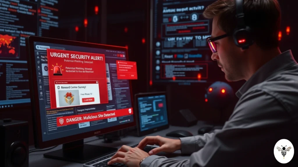 cybersecurity analyst detecting phishing pop-ups and scam alerts linked to getwhocares.com tech