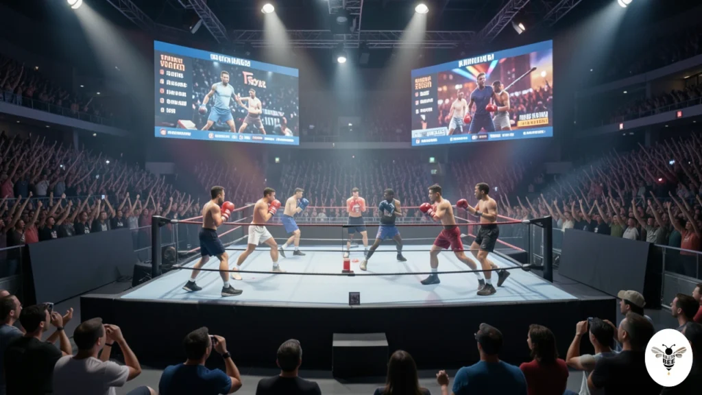 high-energy boxing arena with illuminated ring and upcoming match schedules for upcoming fixtures sffareboxing