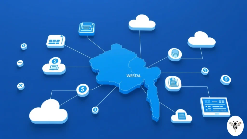 government finance system with west bengal map, cloud technology, and financial dashboards showing wbifms