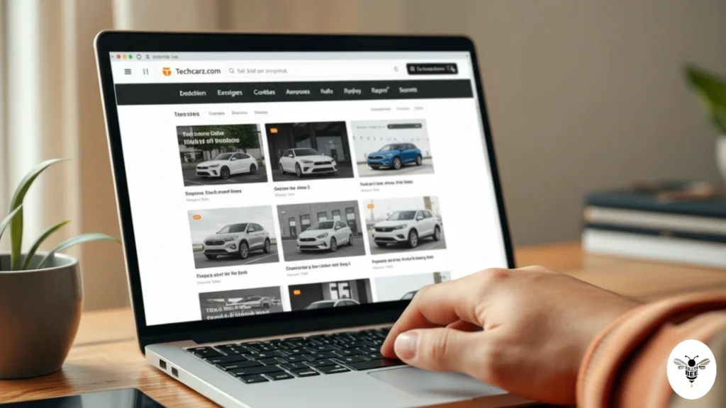 person browsing techcarz com on laptop