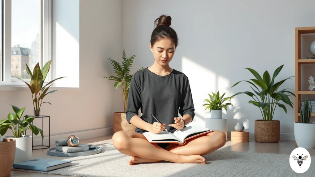person journaling in modern workspace symbolizing mindfulness and balanced living on rainmakerless.com
