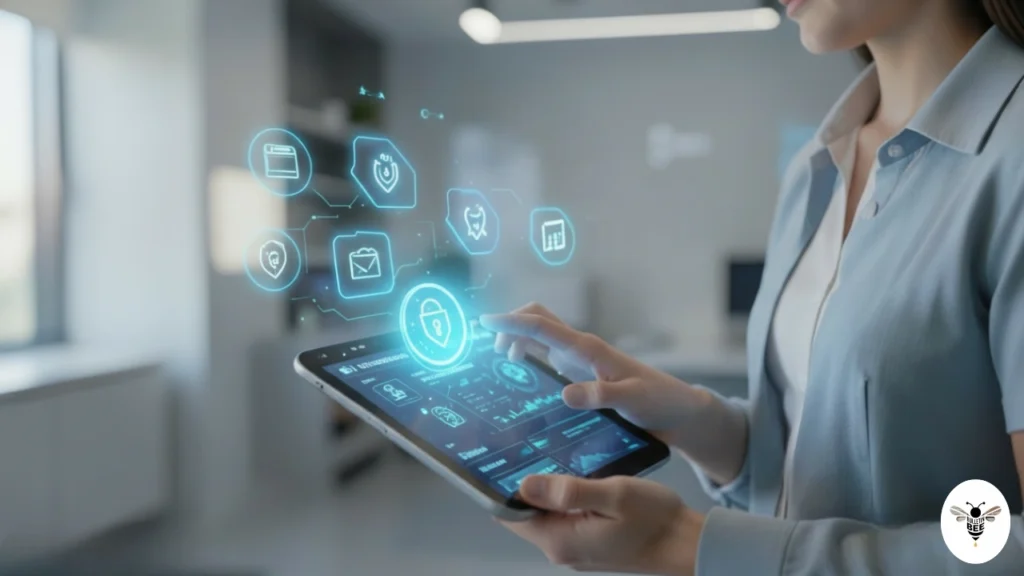 person using teblet with holographic cybersecurity icons and digital privacy interface – ztec100.com