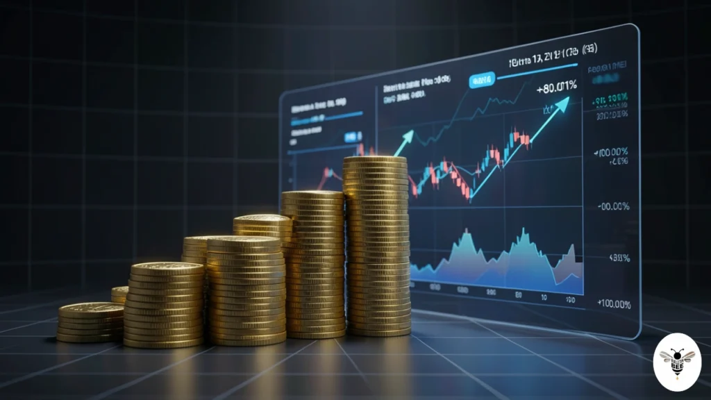 treofinance com investment growth concept with stacked gold coins and digital stock charts