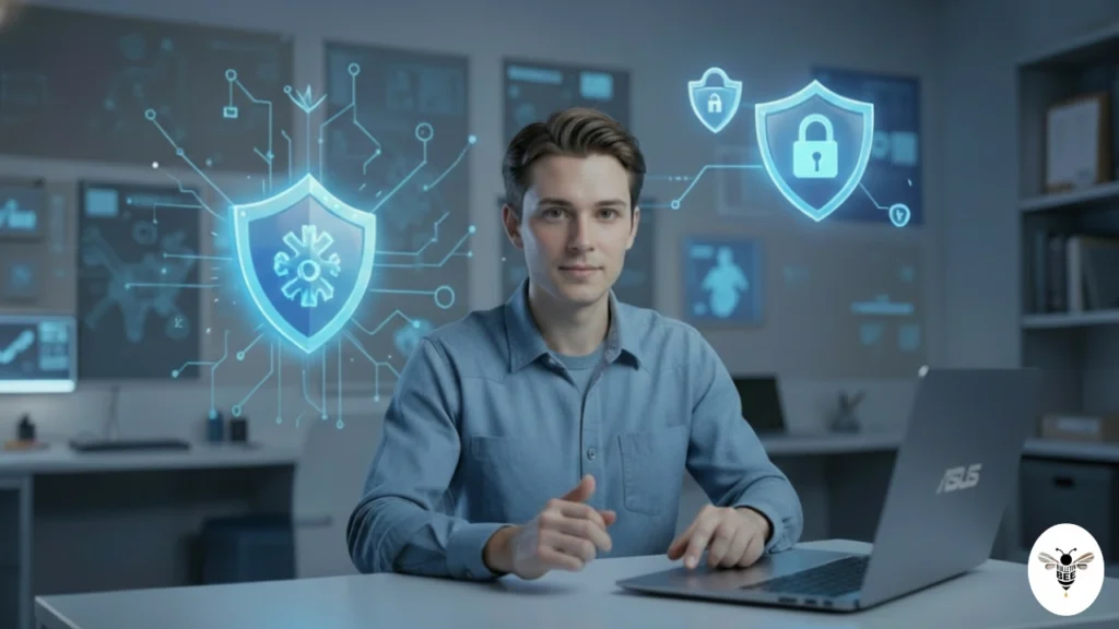 user chatting safely online with security shields and locks, showing xmanyloveme safety