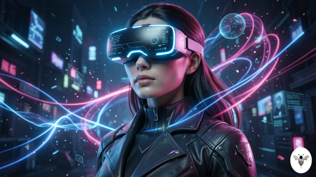 woman wearing a glowing vr headset in a neon digital universe – ninjabytezone.com
