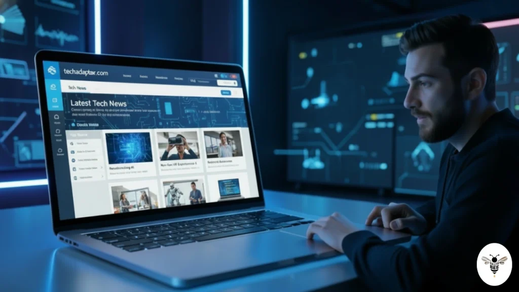 blogger exploring techadaptor.com homepage with tech news, gadget guides, and AI innovation articles
