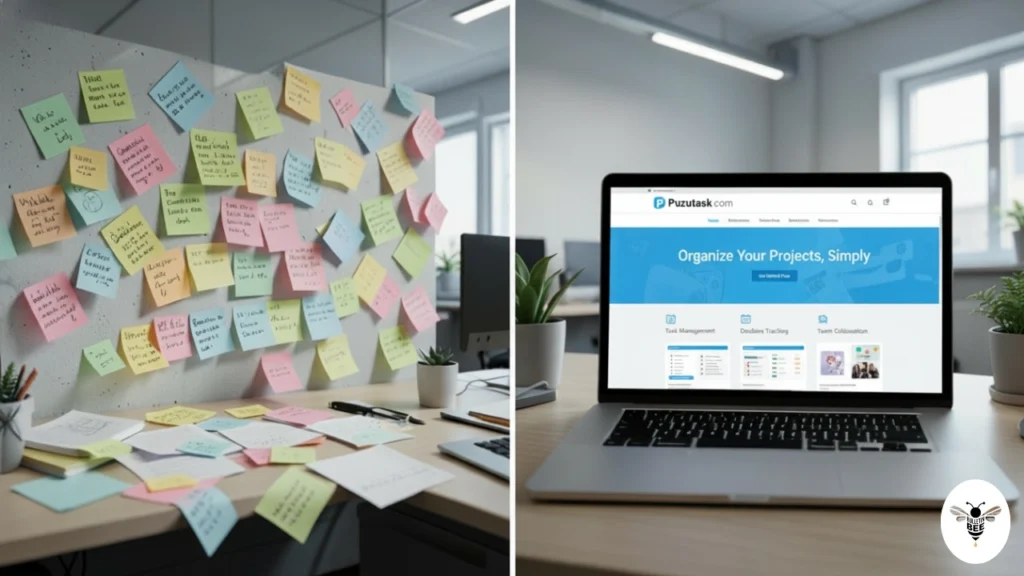 chaotic vs organized workflow with puzutask com task dashboard comparison
