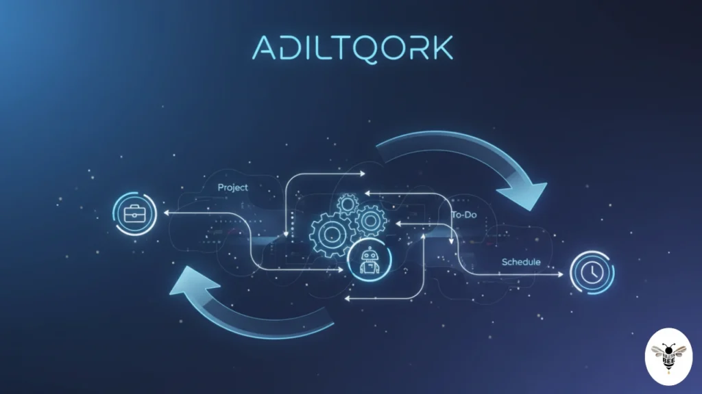 digital system adiltqork with workflow arrows, task icons, and automation gears