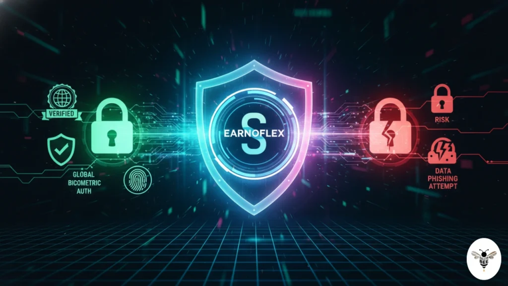 earnoflex secure with shield and lock icon in cybersecurity theme