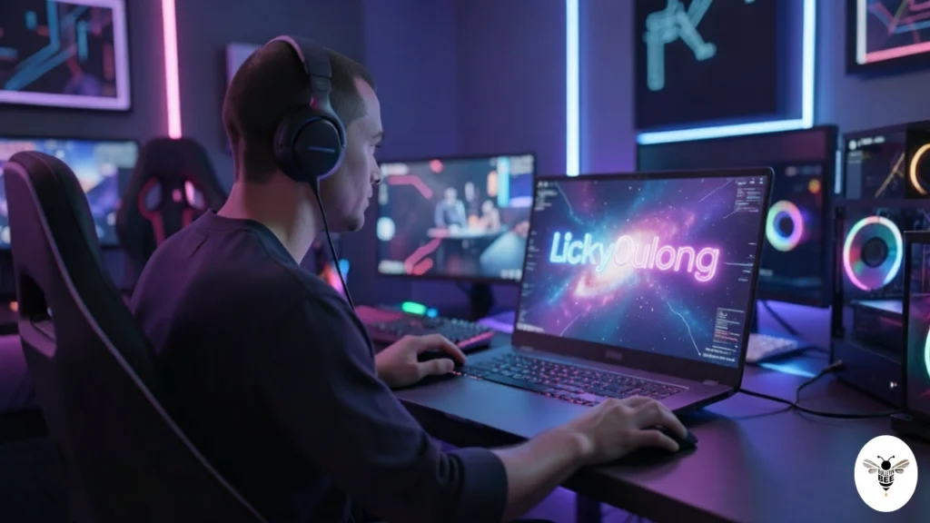 gamer using a laptop in an rgb gaming setup with a glowing digital screen representing the keyword licky0ulong