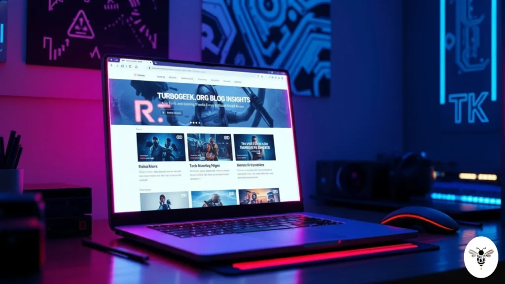 laptop displaying the homepage of turbogeek.org showing tech articles and gaming content