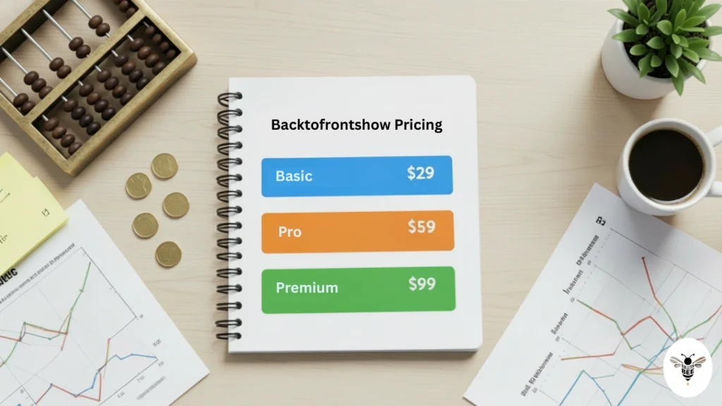 notebook showing backtofrontshow pricing plans, analytics charts, and financial planning tools