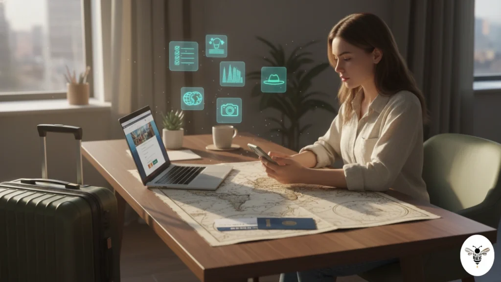 person planning travel with laptop, phone, maps, tickets, and checklist - pressvibepulse com