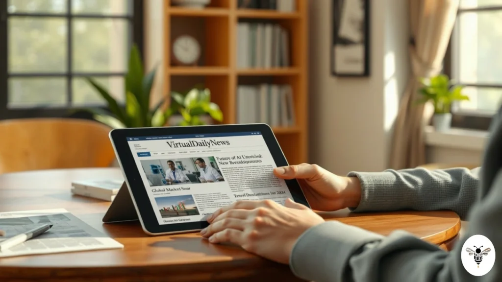 person reading news from a tablet on a table featuring a virtualdailynews