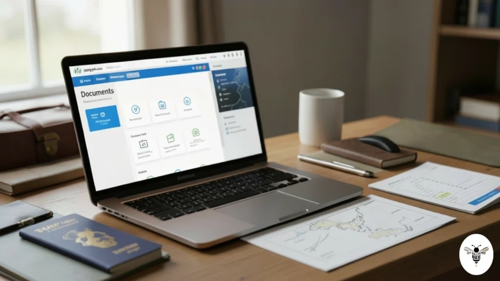professional traveler workspace with laptop displaying dropvisa.com application dashboard and visa document checklist