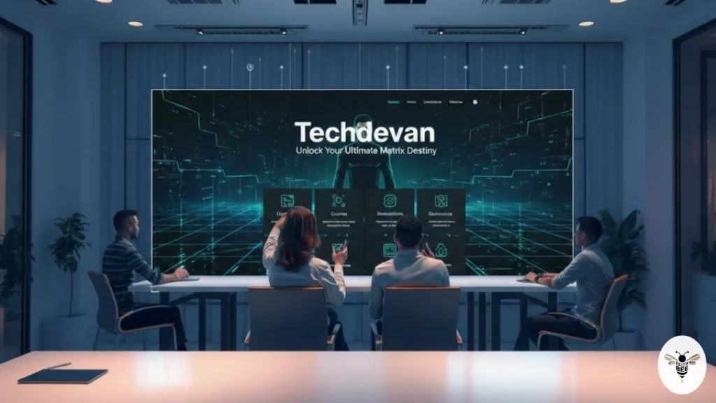 professionals collaborating in a workspace with holographic mentorship screens and global connections – techdevan
