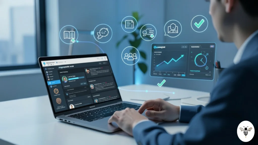programmer learning and growing using programgeeks social on a laptop with coding progress