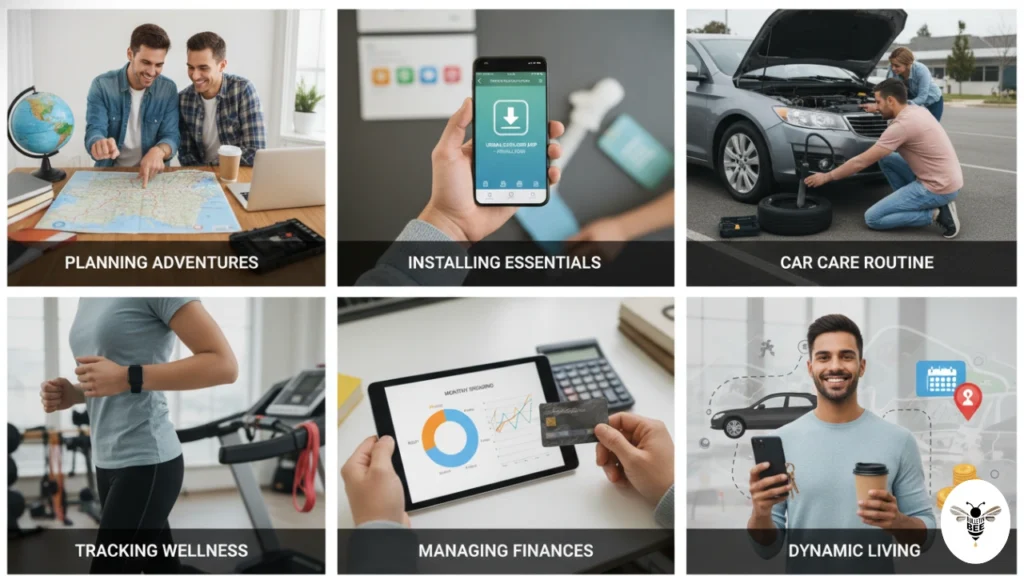 showing travel planning, app use, car check, health tracking, and money management - pressvibepulse com