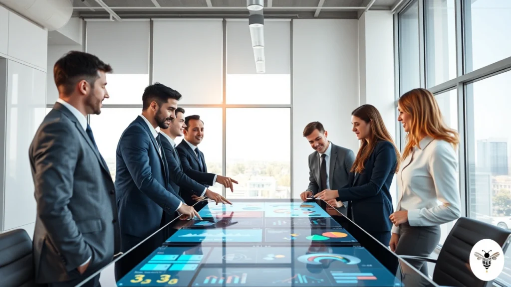 team analyzing digital dashboard and data charts on table discussing asuramgg platform strategy