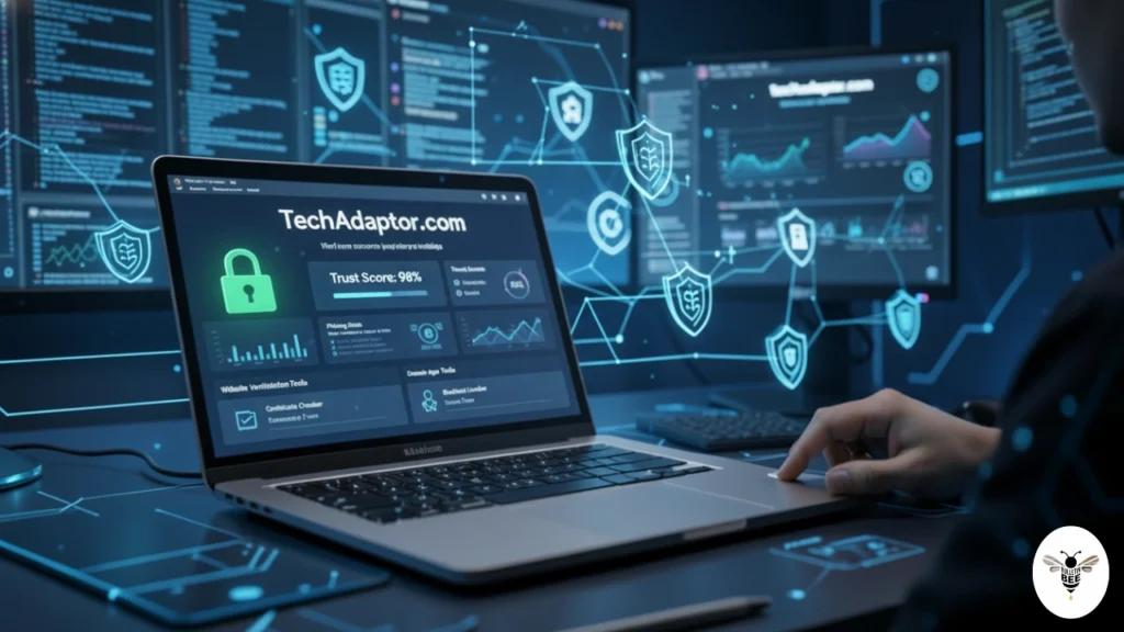 tech analyst reviewing techadaptor.com security with ssl lock, trust score charts, and cybersecurity verification tools