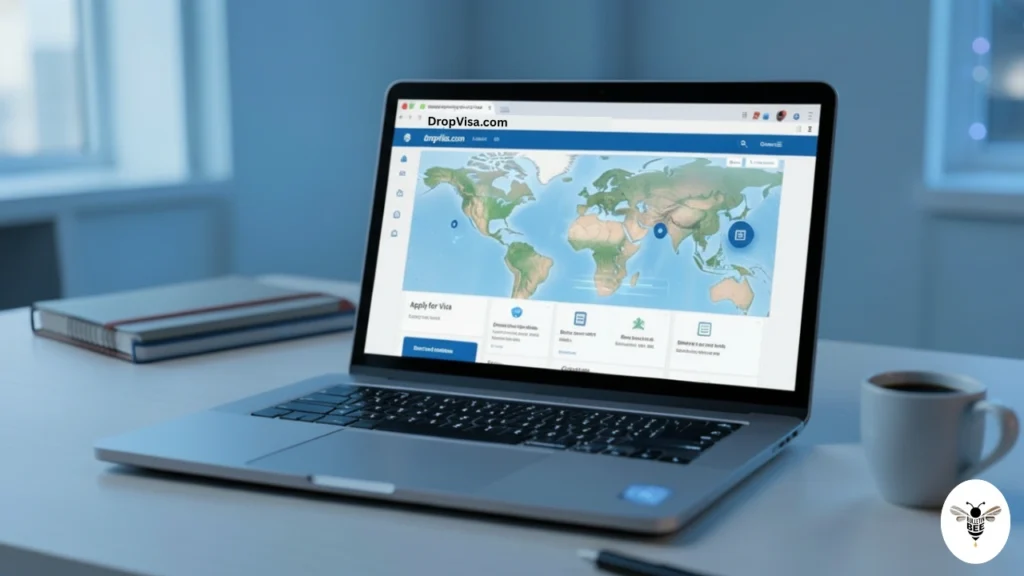 traveler exploring the dropvisa.com online visa application platform on a laptop with global travel icons