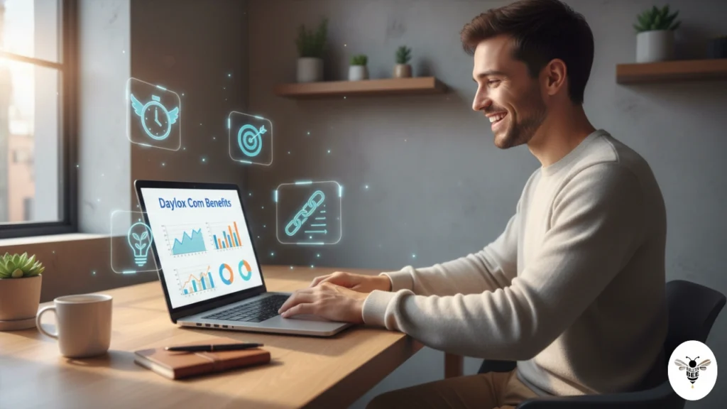 user at a modern desk using daylox com with floating productivity and habits and saves time