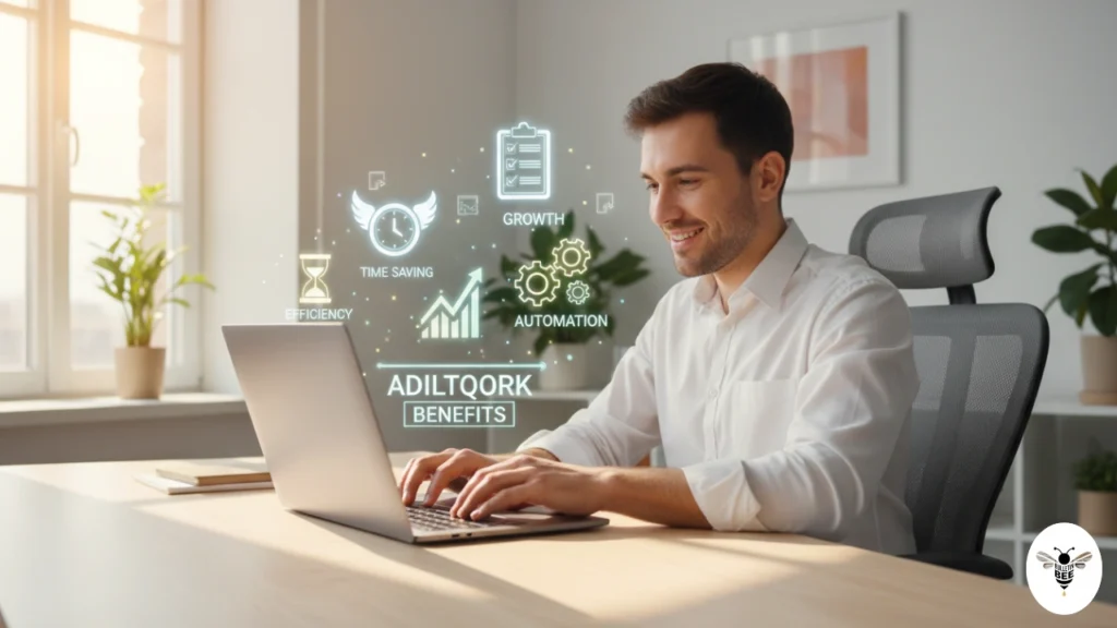 user using laptop with adiltqork productivity dashboard showing benefits