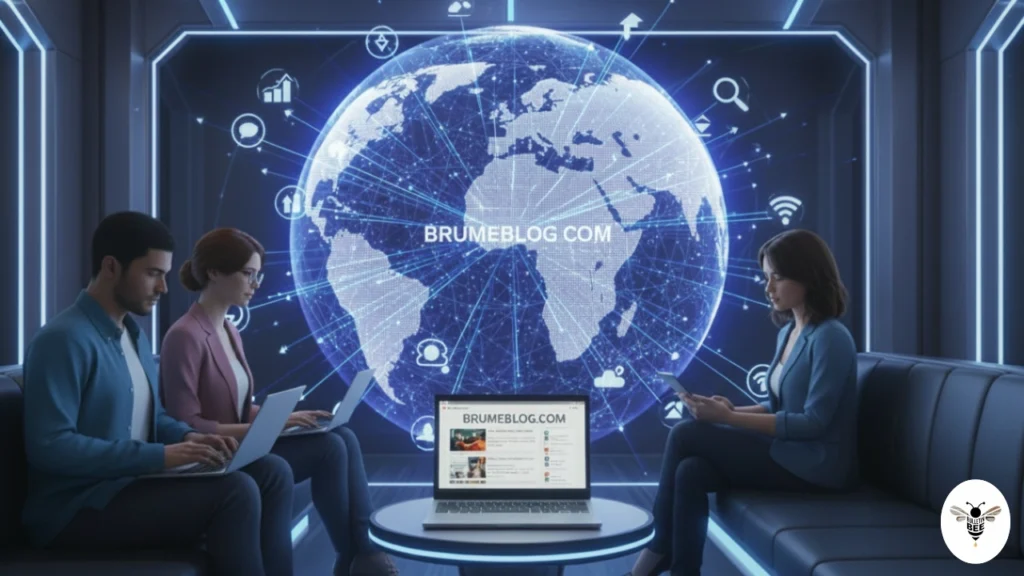 diverse users browsing brumeblog com with global connections and trending content