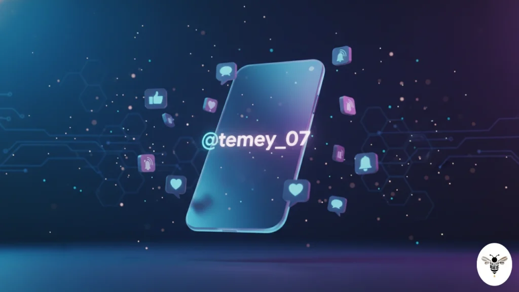 futuristic social media interface with glowing username @temey_07
