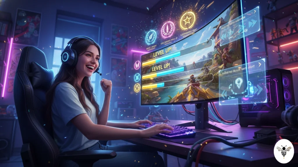 gamer leveling up with glowing achievements and guides, playing game blog playbattlesquare