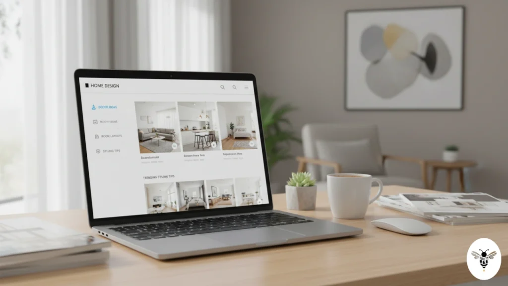 home design dashboard on laptop with decor ideas and layouts decoratoradvice .com