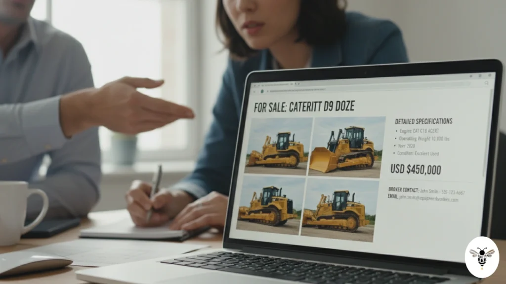laptop showing heavy equipment listing with broker discussion – ironmartonline reviews