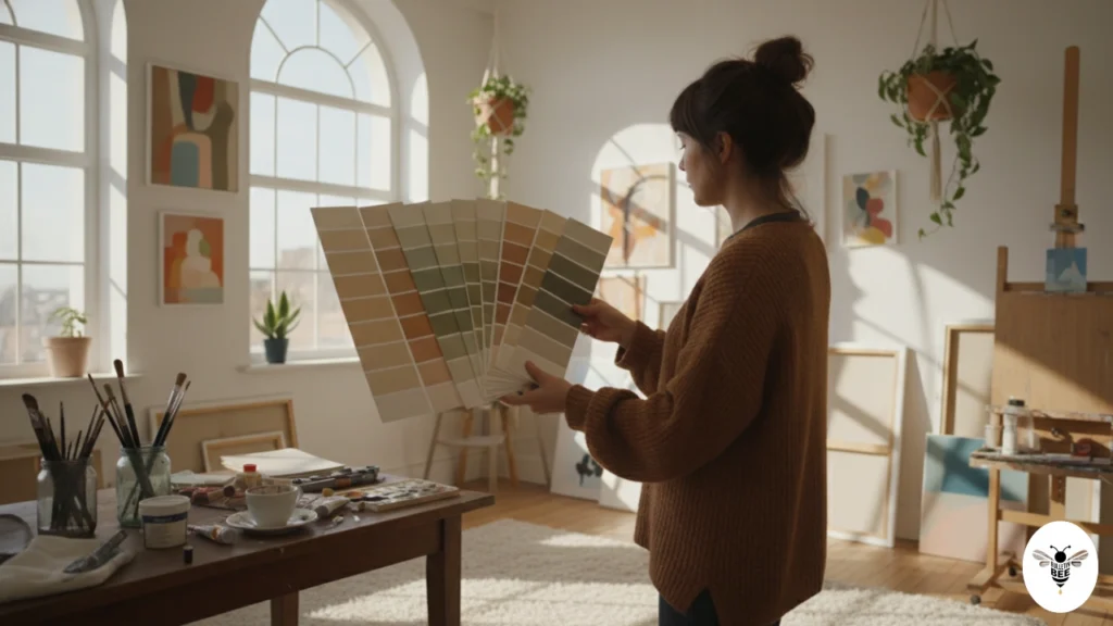 person selecting wall color palette samples in soft lighting decoratoradvice .com